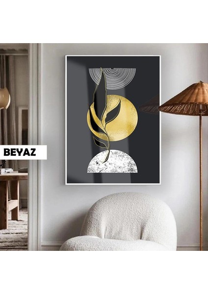 |bohem Siyah Altın Botanik Desen|çerçeveli Temperli Cam Tablo Tekli Dikey