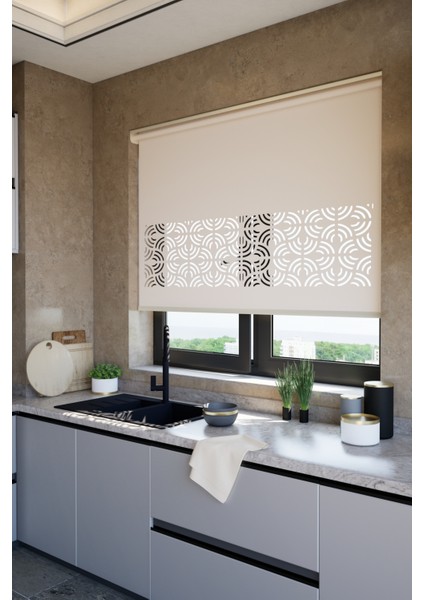 Lazer Kesim Mat Stor Perde, Lazer Kesimli Modern Serisi, M-171003 Açık Kahverengi Renk