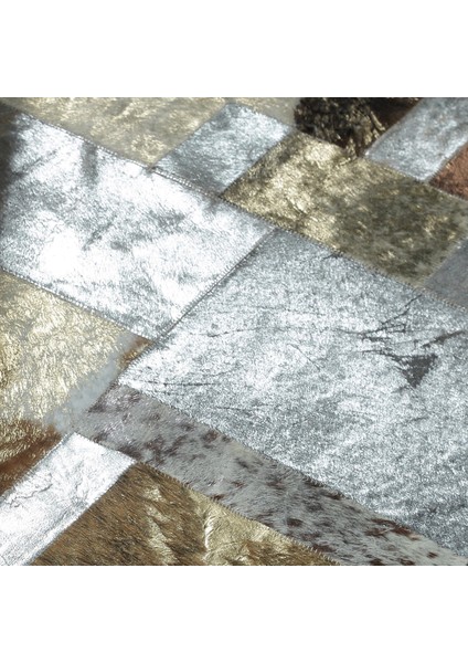 Altın Gümüş Renkli Dana Derisi Patchwork Halı – El Dokuma Gerçek Deri Dekoratif Giriş Halısı modelleri