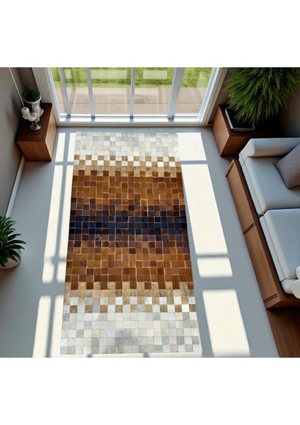 Kahverengi Dana Derisi Patchwork Halı, Çok Renkli Modern Tasarım, Kaymaz Tabanlı Şık Halı fırsatları