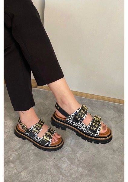 Kadın Mendez Beyaz Leopar Çift Bantlı Kabsül ve Vardola Deyatlı Kalın Taban Ortopedik Sandalet K-120 fiyatları