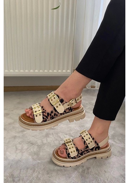 Kadın Mendez Bej Leopar Çift Bantlı Kabsül ve Vardola Deyatlı Kalın Taban Ortopedik Sandalet K-120 fiyatları