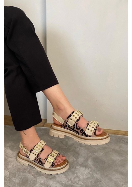 Kadın Mendez Bej Leopar Çift Bantlı Kabsül ve Vardola Deyatlı Kalın Taban Ortopedik Sandalet K-120 indirimleri