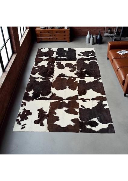 Doğal Dana Derisi Patchwork Halı – Kahverengi Beyaz Tonlarda El Yapımı Şık Halı