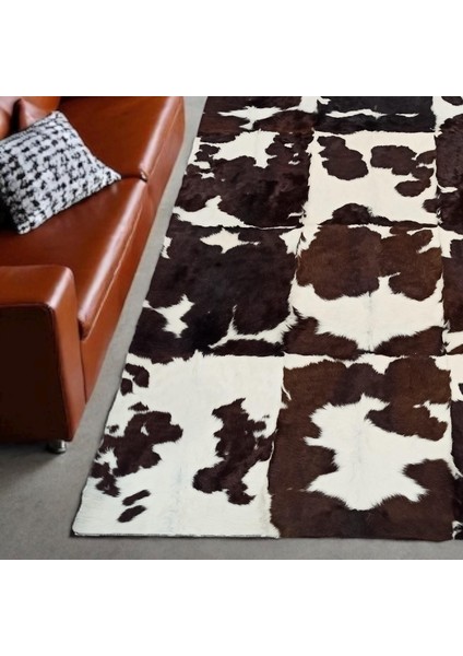 Doğal Dana Derisi Patchwork Halı – Kahverengi Beyaz Tonlarda El Yapımı Şık Halı modelleri