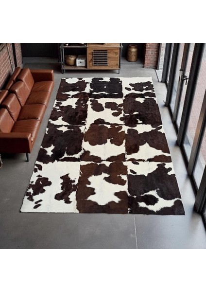 Doğal Dana Derisi Patchwork Halı – Kahverengi Beyaz Tonlarda El Yapımı Şık Halı fırsatları