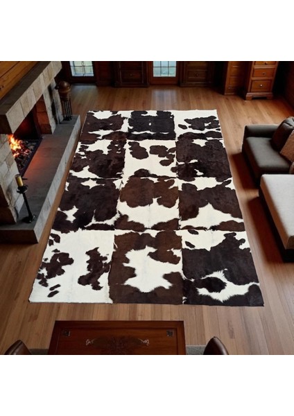 Doğal Dana Derisi Patchwork Halı – Kahverengi Beyaz Tonlarda El Yapımı Şık Halı indirimleri