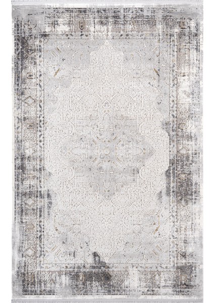 Vogue VG008Z Koyu Gri Çerçeveli Göbekli Klasik Desen Modern Renk 100 Tarak Salon Halısı Ipek Serisi