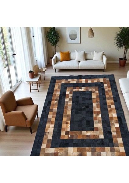 Kahverengi Siyah Patchwork Halı – El Yapımı Doğal Dana Derisi Oturma Odası Halısı fırsatları