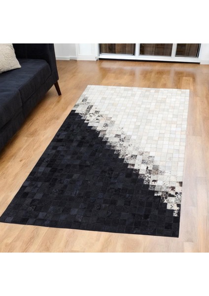 El Yapımı Siyah Bej Patchwork Halı – Lüks Dana Derisi Yatak Odası Halısı indirimleri