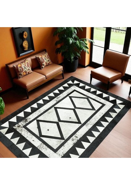 Siyah Beyaz El Yapımı Halı – Desenli Dana Derisi Modern Salon Halısı