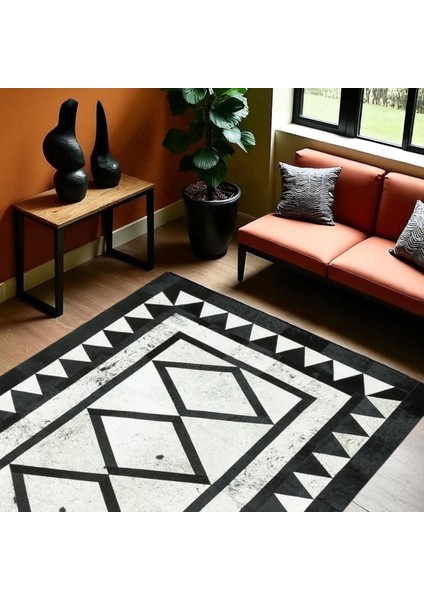 Siyah Beyaz El Yapımı Halı – Desenli Dana Derisi Modern Salon Halısı fiyatları