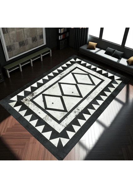 Siyah Beyaz El Yapımı Halı – Desenli Dana Derisi Modern Salon Halısı modelleri