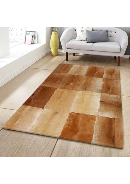 Açık Kahverengi Doğal Dana Derisi Patchwork Halı – El Yapımı Gerçek Deri Dekoratif Salon Halısı