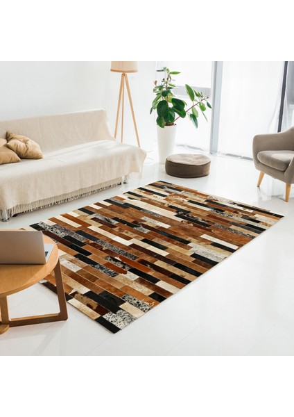 Kahverengi Dana Derisi Patchwork Halı, El Dokuma Dekoratif Salon Halısı, Kaymaz Tabanlı Halı