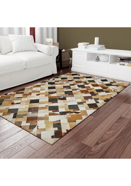 Doğal Kahve Desenli Dana Derisi Patchwork Halı – El Dokuma Gerçek Deri Şık Koridor Halısı