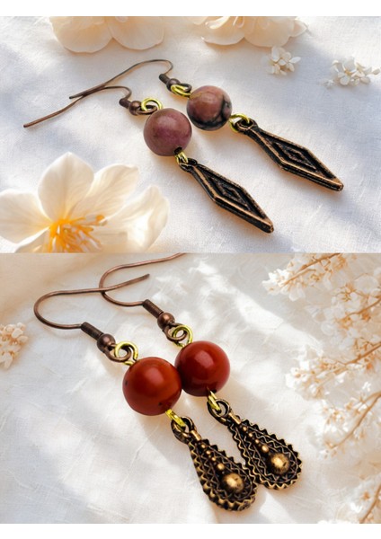 Rodonit & Jasper Doğal Taşlı 2'li Küpe Seti