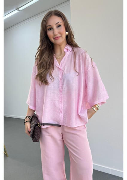 Romi Pembe Desenli Yarım Kol Gömlek