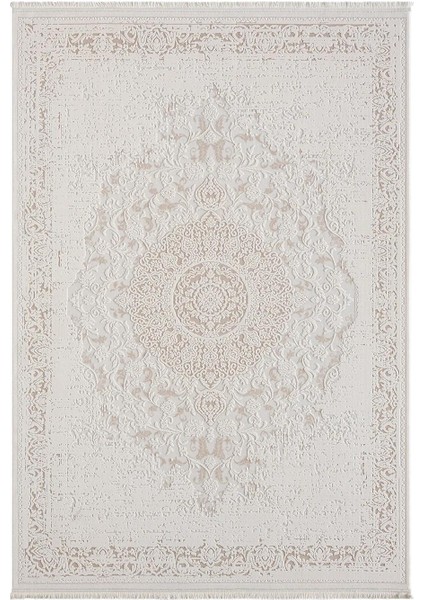 Truva TV011A Bej Vizon Detaylı Göbekli Kalın Akrilik Tozuaz Modern Salon Halısı Yatak Odası Koridor