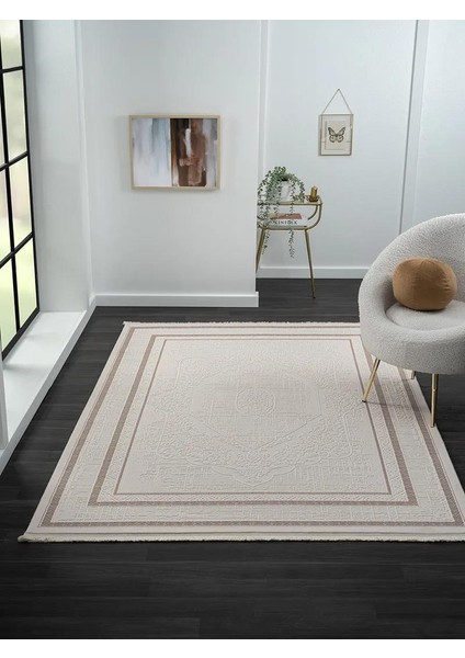 Truva TV014A Bej Halı Kenar Çerçeveli Göbekli Desen Kalın Akrilik Tozuaz Modern Salon Halısı modelleri