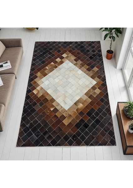 El Yapımı Koyu Kahve Patchwork Halı – Beyaz Kare Desenli Dana Derisi Şık Ortam Halısı fırsatları