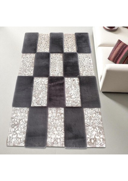 Gümüş Doğal Dana Derisi Patchwork Halı – El Yapımı Hakiki Deri Lüks Dekoratif Giriş Halısı