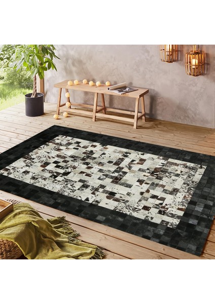 Beyaz Siyah Dana Derisi Patchwork Halı – El Yapımı Hakiki Deri Şık Ev Dekorasyonu Halısı fırsatları