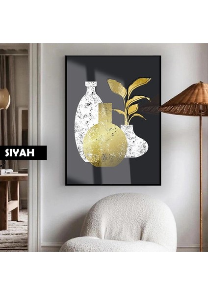 |gri-Gold Bohem Botanik Soyut Model 02 |çerçeveli Temperli Cam Tablo Tekli Dikey