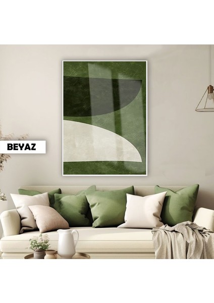 |yeşil-Gri Soyut Boho Modeli 01 |çerçeveli Temperli Cam Tablo Tekli Dikey