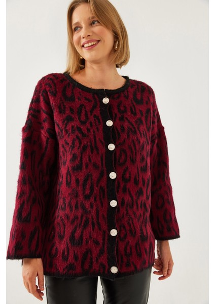 Kadın Leopar Desenli Oversize Triko Hırka