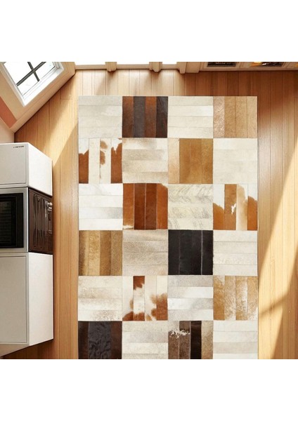 Krem Kahve Renkli Dana Derisi Halı – El Yapımı Patchwork Şık Yatak Odası Halısı