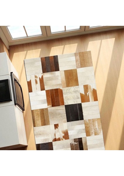 Krem Kahve Renkli Dana Derisi Halı – El Yapımı Patchwork Şık Yatak Odası Halısı modelleri