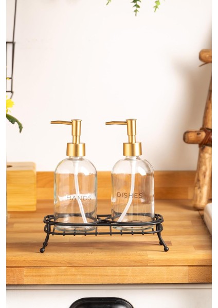 Standlı 2 Li Sıvı Sabunluk Siyah Gold Kapak