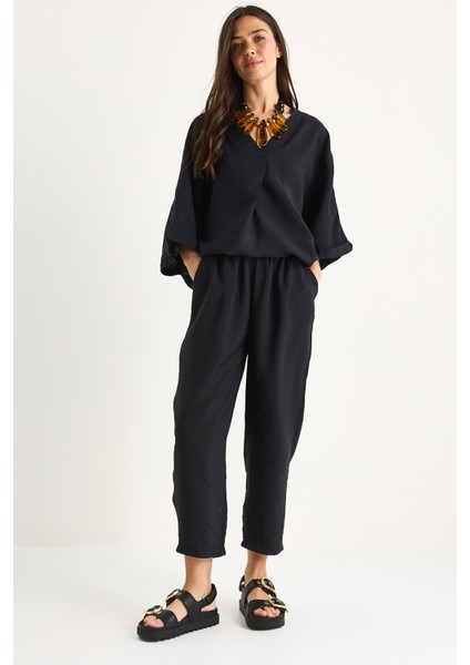 Kadın V Yaka Yarasa Kollu Bluz Beli Lastikli Pantolon Modal Takım