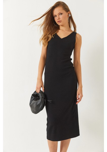 Kadın V Yaka Kalın Askılı Midi Boy Basic Elbise