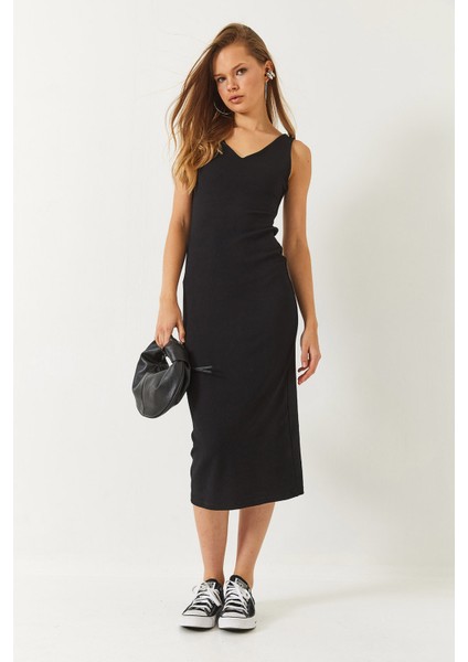 Kadın V Yaka Kalın Askılı Midi Boy Basic Elbise fiyatları