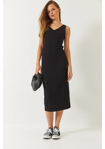 Kadın V Yaka Kalın Askılı Midi Boy Basic Elbise modelleri