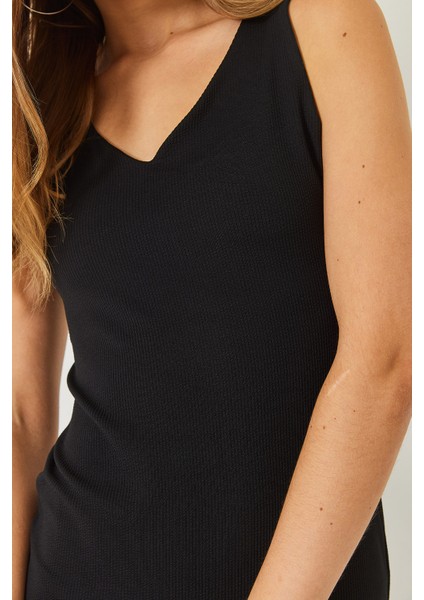 Kadın V Yaka Kalın Askılı Midi Boy Basic Elbise indirimleri