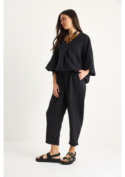 Kadın V Yaka Yarasa Kollu Bluz Beli Lastikli Pantolon Modal Takım fiyatları