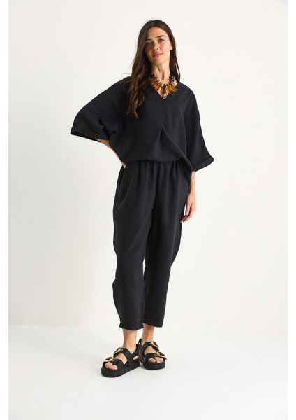 Kadın V Yaka Yarasa Kollu Bluz Beli Lastikli Pantolon Modal Takım modelleri