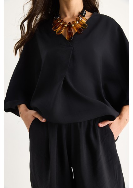 Kadın V Yaka Yarasa Kollu Bluz Beli Lastikli Pantolon Modal Takım fırsatları