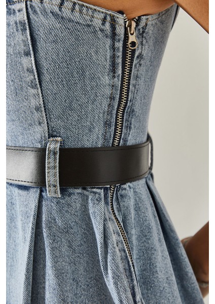 Kadın Ip Askılı Kemerli Yandan Fermuar Detaylı Kot Elbise fiyatları