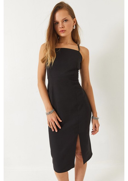 Kadın Kare Yaka Yırtmaç Detaylı Ip Askılı Elbise