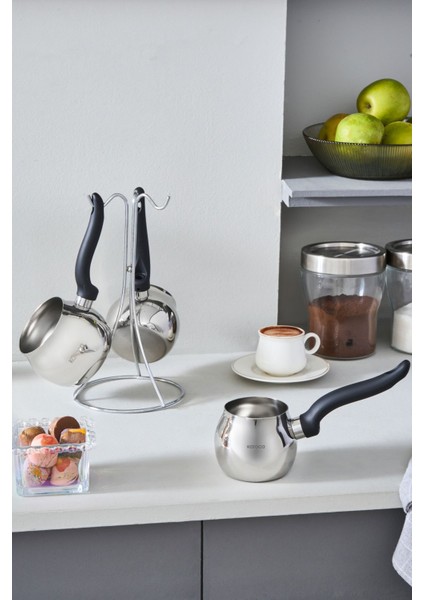 3'lü Standlı Kahve Cezvesi Seti, Şık ve Kullanışlı Siyah Tasarım