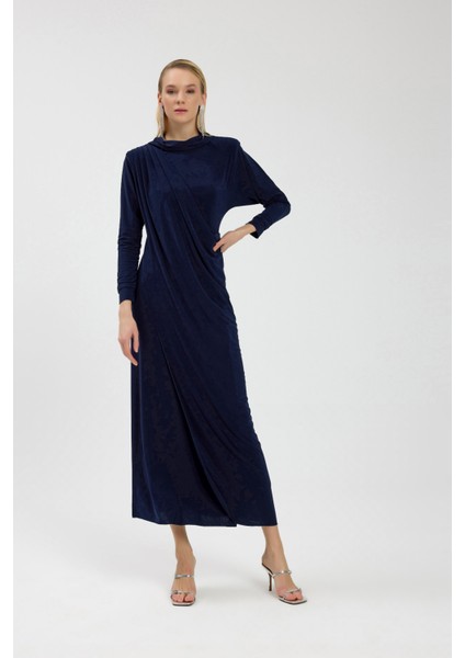 Lacivert Drape Detaylı Elbise