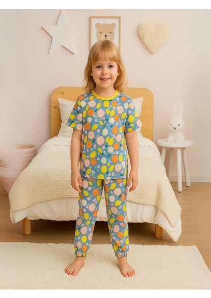 Kız Çocuk Pamuklu Meyve Desenli Kısa Kol Pijama Takımı