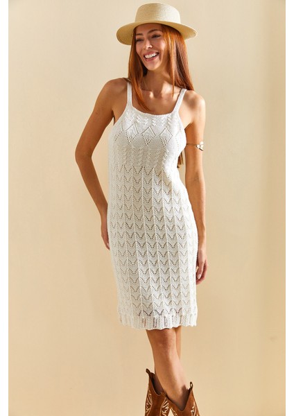 Kadın Askılı Desenli Triko Elbise