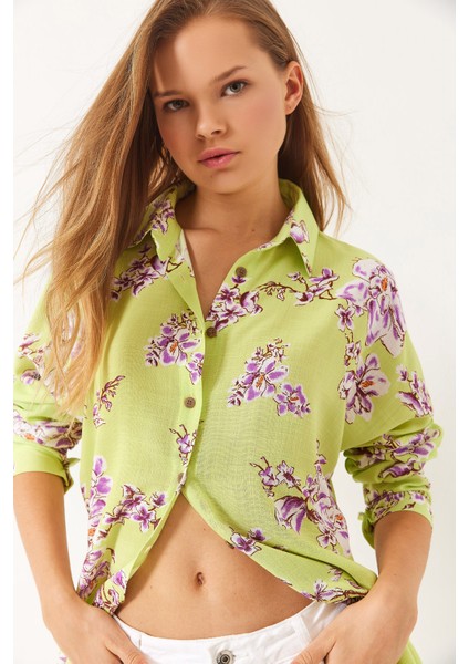 Kadın Çiçek Desenli Oversize Viskon Keten Gömlek