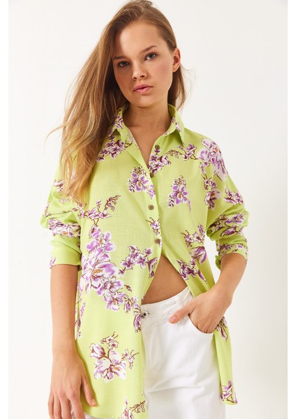 Kadın Çiçek Desenli Oversize Viskon Keten Gömlek fiyatları