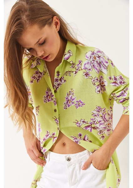 Kadın Çiçek Desenli Oversize Viskon Keten Gömlek modelleri